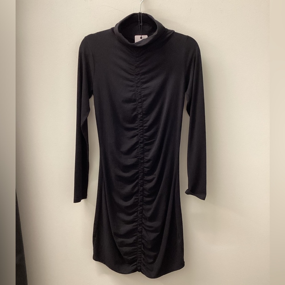 Bobi Black Shirred Turtleneck Long Sleeve Dress